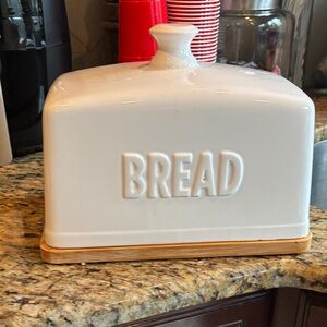 White Ceramic Bread Box with Bamboo Base